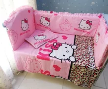 Promotion! 6PCS Hello Kitty Baby Crib bumpers for cot Cotton Fabrics Crib Baby Bedding Sets,include:(bumper+sheet+pillow cover)