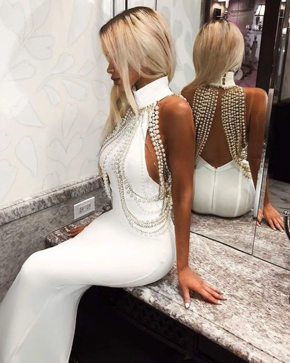 

2018 new arrival women dress wholesale white high neck off the shoulder with crystal bandage dress party dress Dress + suit