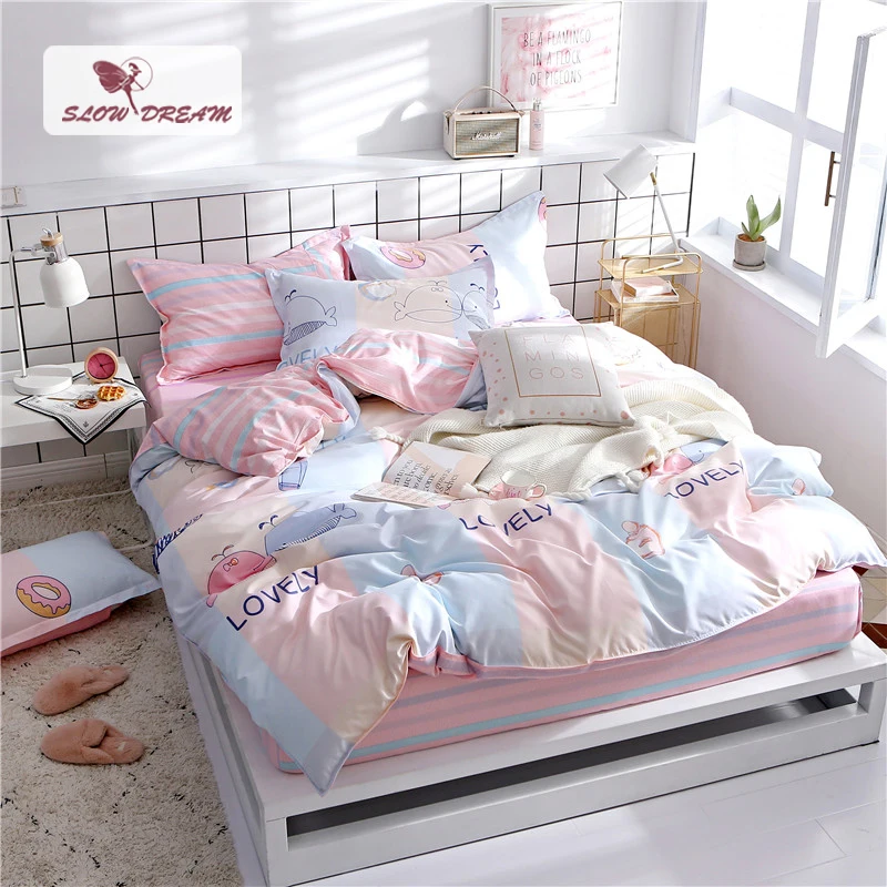 

SlowDream Bedding Set Cartoon Style Child Bedspread Pink Rubber Sheet On Elastic Band Double Queen Duvet Cover Set Bed Linen Set