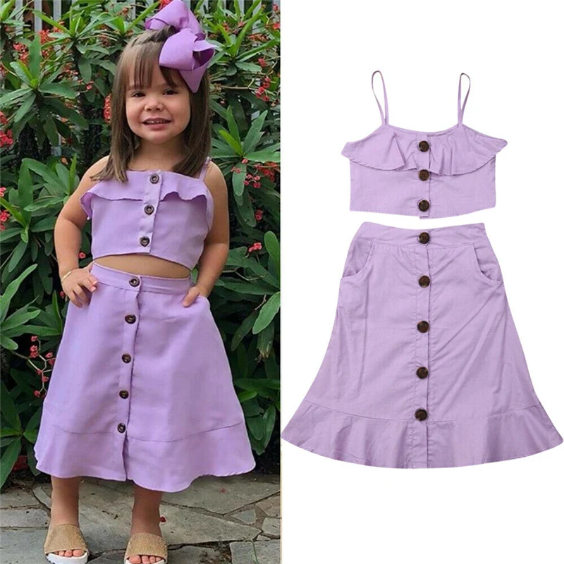 Летняя одежда для малышей; комплекты одежды для маленьких девочек; фиолетовый жилет на бретельках; укороченные топы; футболка; Длинная юбка; комплект из 2 предметов