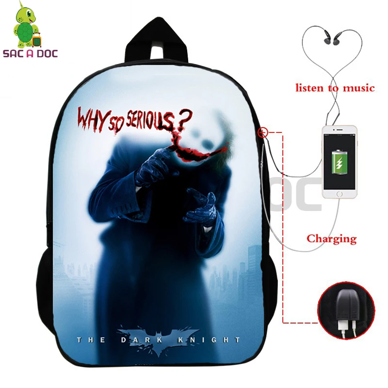 Джокер из "Темного рыцаря" рюкзак для подростков мальчиков и девочек многофункциональный USB зарядка наушников Джек школьные сумки Laptopl дорожные сумки