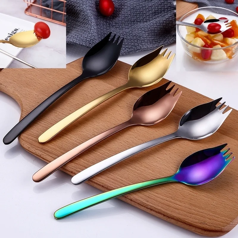 

High Quality Stainless Steel Fruit Fork Dessert Forks for Cake Snack Salad Fork Spoon 2 In 1 Colorful Rainbow Bento Accessories