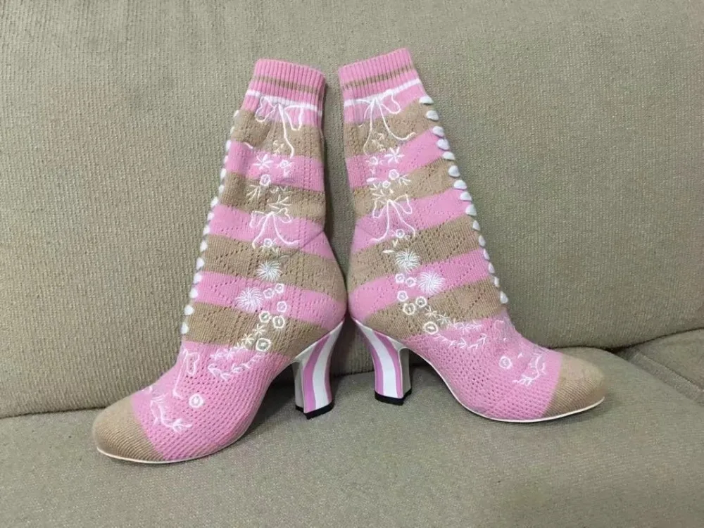 

New Arrival Pink Boot Striped Sock Ankle Boot For Women Elastic Stretch Botas High Heels Pumps Bota Feminina Ladies Dress Casual