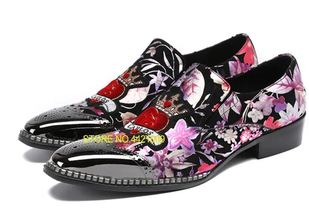 

Printed Italy Man Oxfords Leather Handmade Men bright Sheepskin shoes with front and back Metal Weeding Flower Dress Shoes