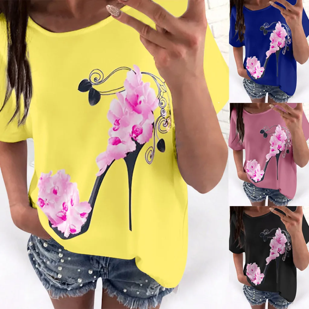 

2019 Fashion women top summer Plus Size O-Neck t shirt Short Sleeve High Heels Print Casual Tops tshirt (S-2XL))