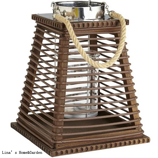

tapered vintage handcrafted wood framed rattan lantern candle holder