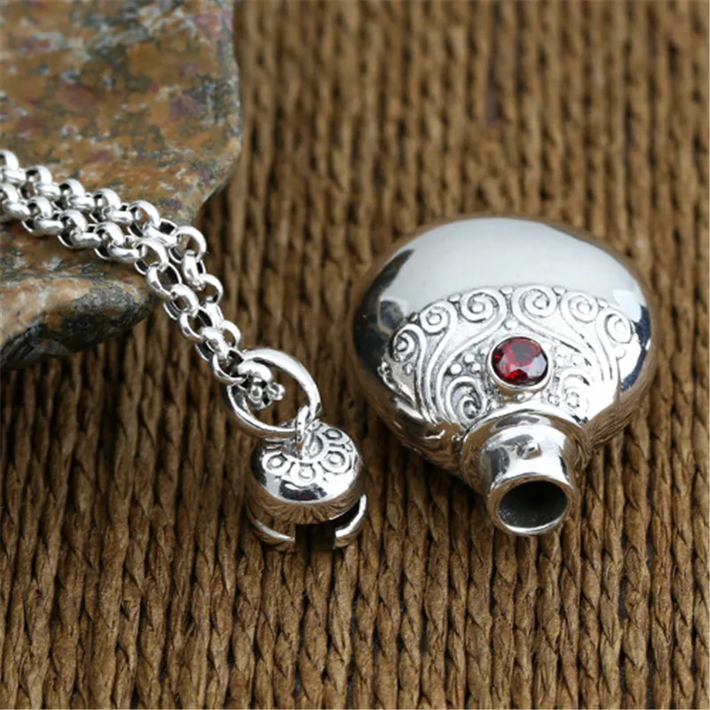

Vintage Solid Silver 925 Bottle Necklace Pendant Men Women With Red Stone Ethical Retro Thai Silver Jewelry Accessory Charm Gift