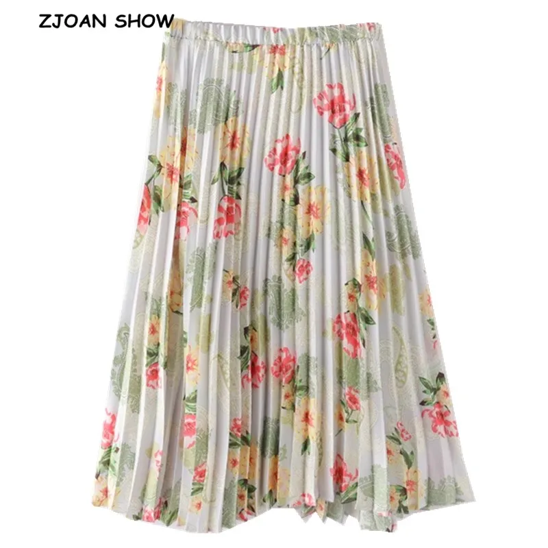 

2019 Fresh New Vintage Floral Pattern Print Midi Pleated Skirt Retro High Elastic Waist Mid-calf Swing A-Lined Skater Femme
