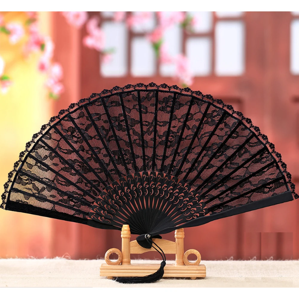 Chinese Style Black Decorative Fans Lace Fabric Silk Folding Hand Held