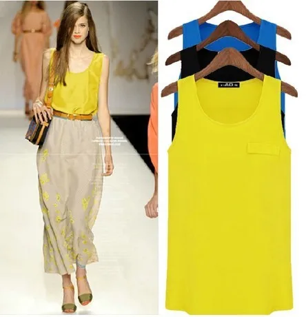 2014 Seconds Kill New European And American Women's Candy -colored Wild Station Camisole Round Neck Chiffon Shirt Vest Bottoming | Женская