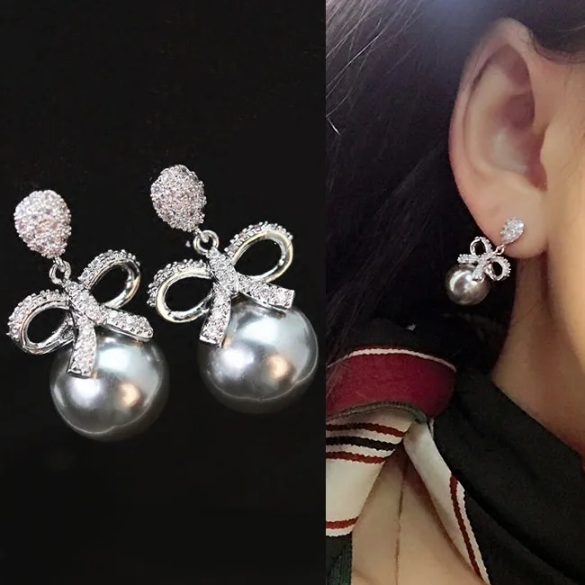 bow pearl cz earring 925 silver post Hypoallergenic fadeless alloy fashion jewelry stud earrings for women gift