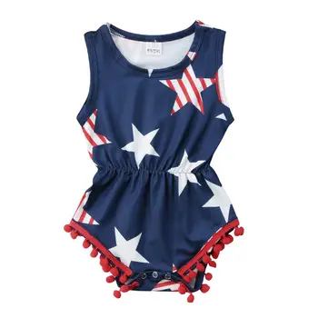 

Fourth of July Newborn Kids Baby Girls Sleeveless Star Print Tassel Ball Jumpsuit Playsuit Bodysuit Outfits Baby Clothes