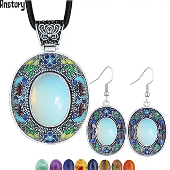 

Vintage Oval Opal Jewelry Sets Natural Lapis Tiger Eey Unakite Quartz Necklace Earrings Bohemia Fashion Jewelry NE+EA TS456