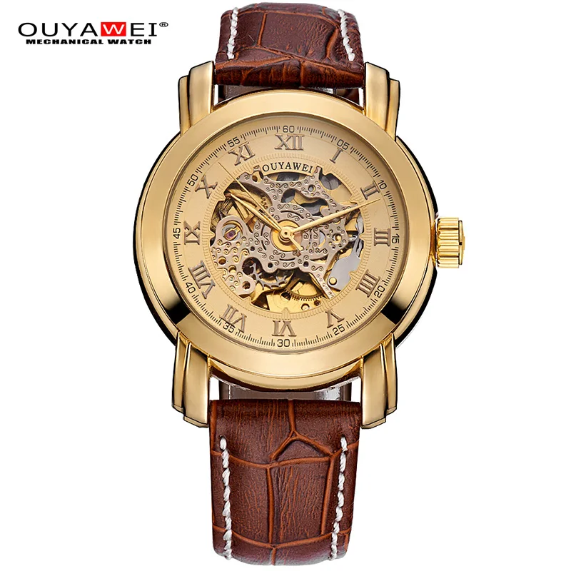 OUYAWEI Relogio Masculino Mens Watch Mechanical Roman Number Skeleton Self-winding Automatic Sports Wristwatch Leather Strap faux leather strap number watch