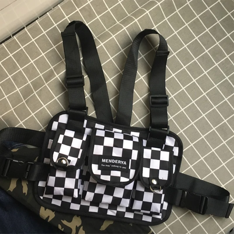 

Fashion Black and White Plaid Chest Rig Waist Bag Functional Vest Cross Shoulder Bags Streetwear Kanye West bolso cintura mujer