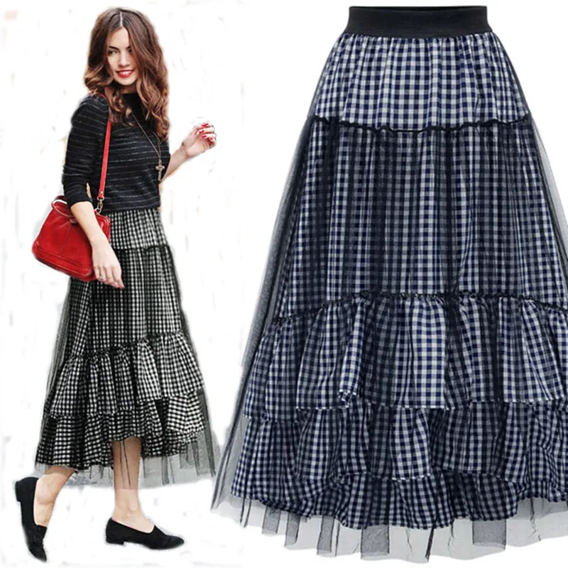 Летние женские платных длинная сетчатая юбка элегантный плиссированные рюшами