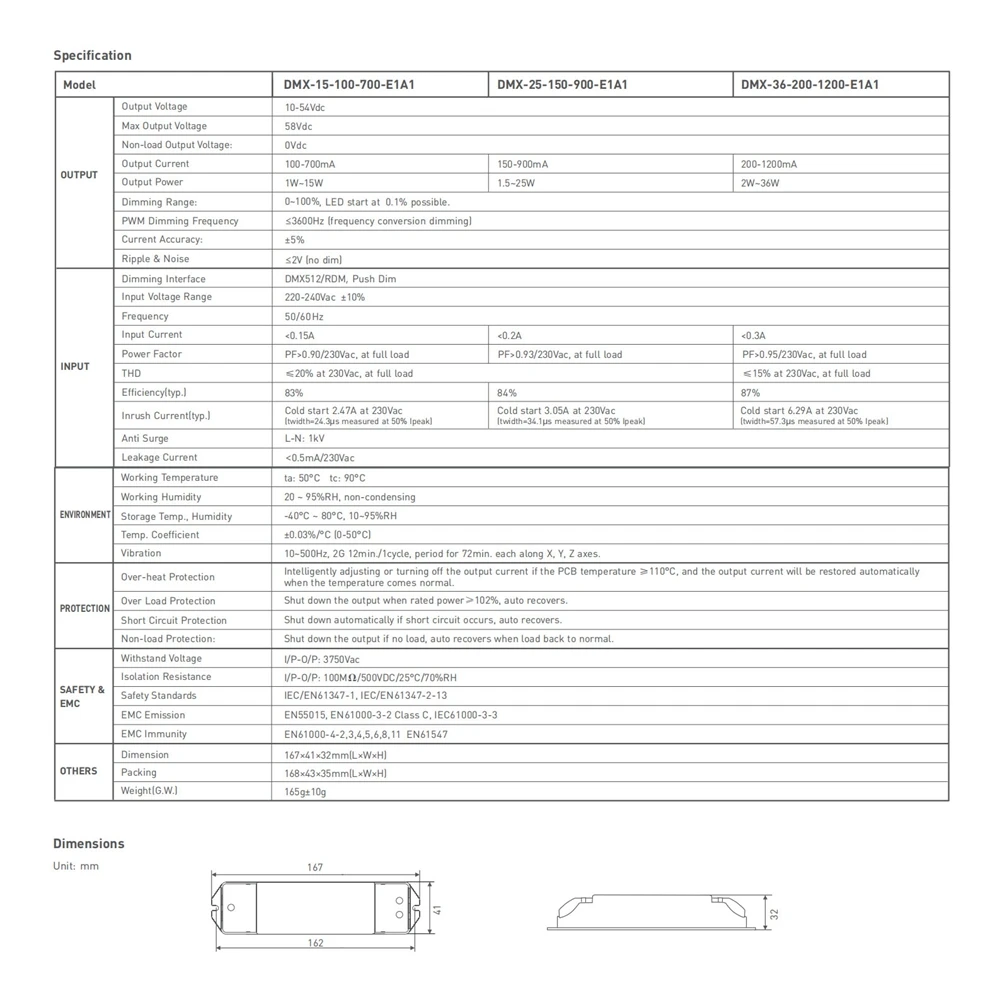 LTECH DMX 15 100 700 E1A1 светодиодный затемнение драйвер 200 240VAC вход 700mA Вт PVM выход CC