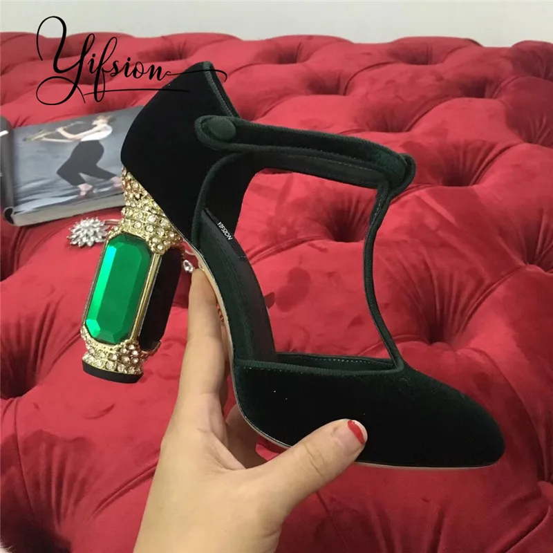 YIFSION New Spring Summer Retro Black Green Velvet Women Pumps Round Toe Buckle Strap Crystal Chunky High Heel Pumps Shoes Woman YIFSION New Spring Summer Retro Black Green Velvet Women Pumps Round Toe Buckle Strap Crystal Chunky High Heel Pumps Shoes Woman