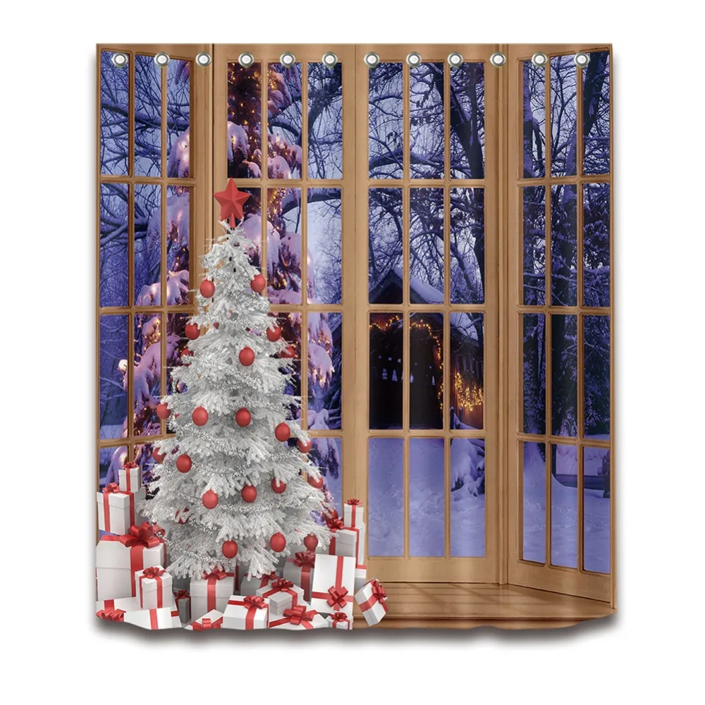 

72'' Bathroom Waterproof Fabric Shower Curtain Polyester 12 Hooks Bath Accessory Sets Christmas White Tree And Red Balls Gifts