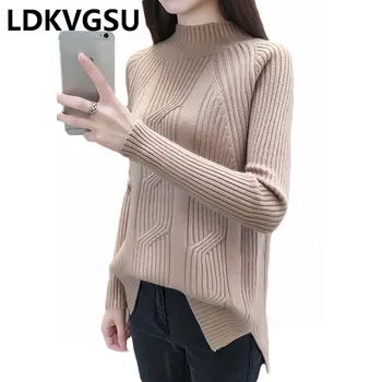 

Autumn Winter New Half High Collar Pullover Sweater Women 2018 Korean Loose Thick Solid Color Bottoming Knit Sweater Is1010