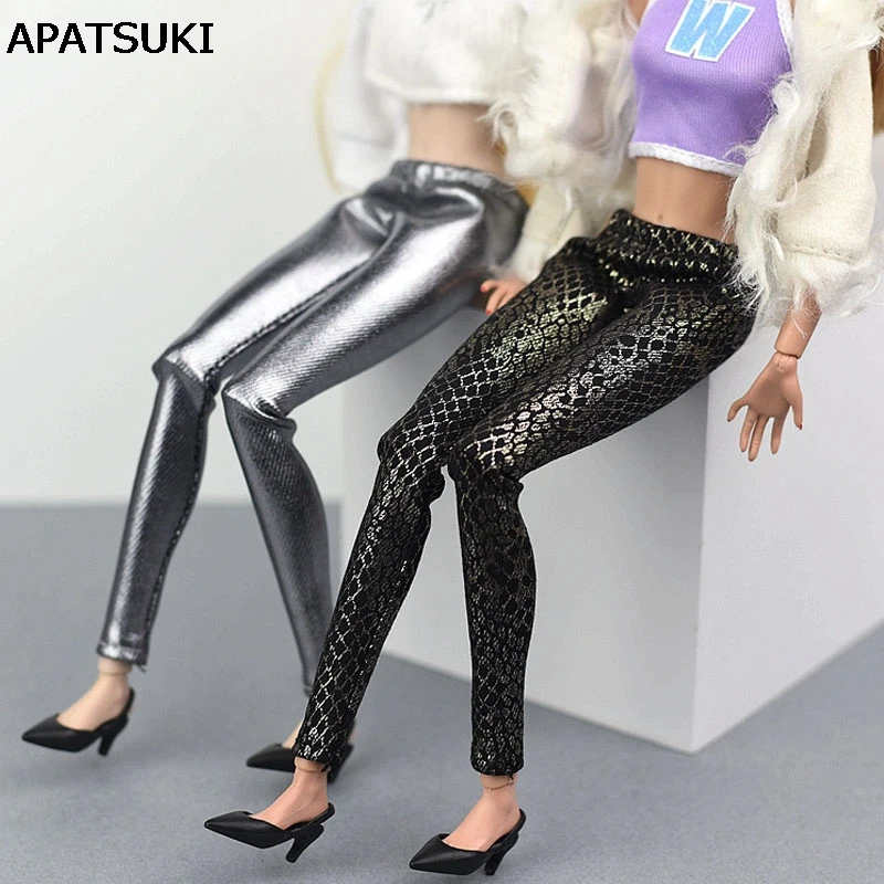 Fake Snake Silver Leather Bottoms Trousers Long Pants For Barbie Doll Clothes Fashion Trousers For 1