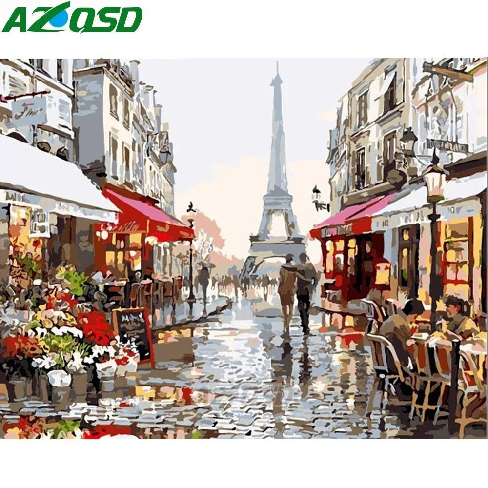 Картина AZQSD по номерам бескаркасная 40x50 см Парижская уличная картина маслом на