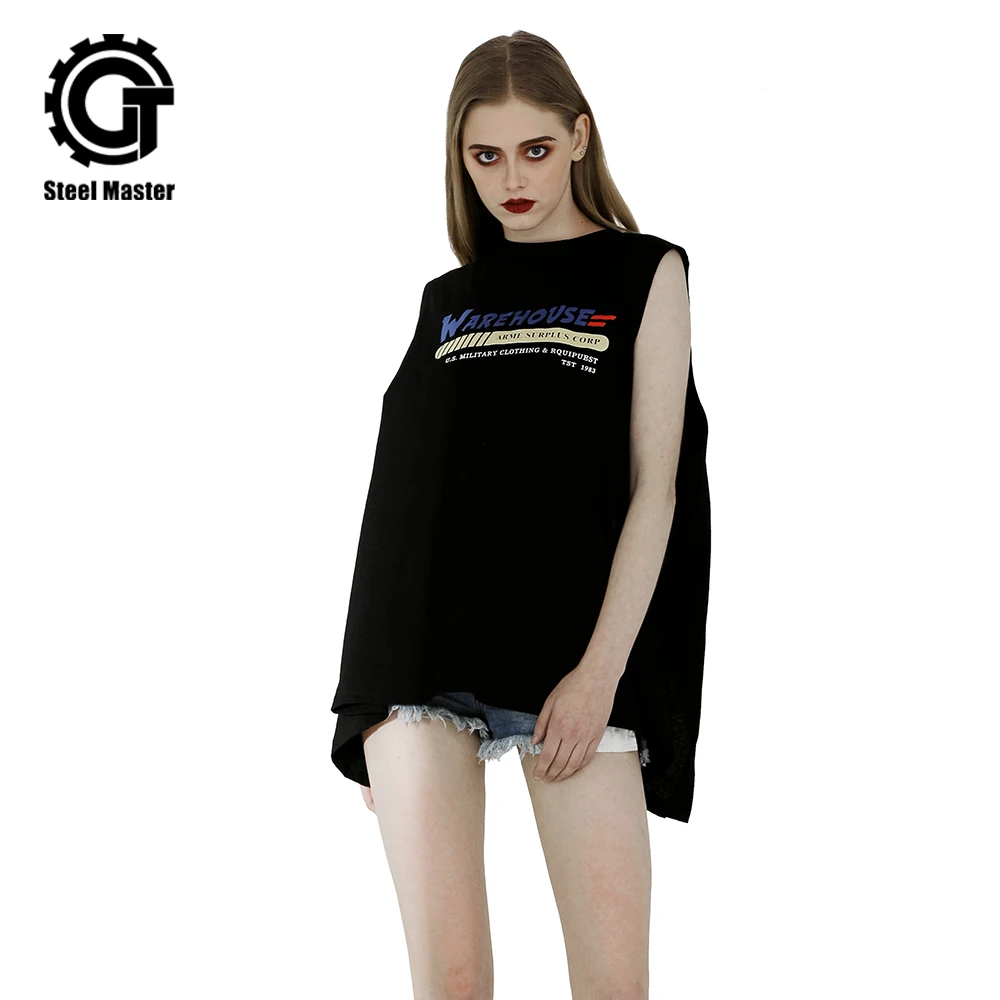 

2019 Punk Summer New Letter Printing Personality Backless Long Round Neck Sleeveless T-shirt Female Sense Split Ladies Shirt