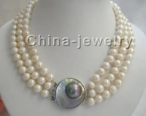 

shipping AAA 3row 8-9mm natural white round freshwater pearl necklace-925 silver Mabe