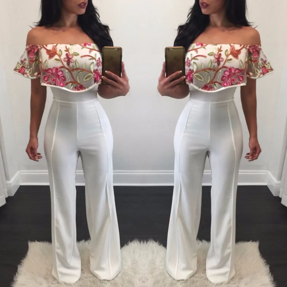 2017 New Sexy Bodycon Embroidery Floral Elegant Jumpsuit Off Shoulder