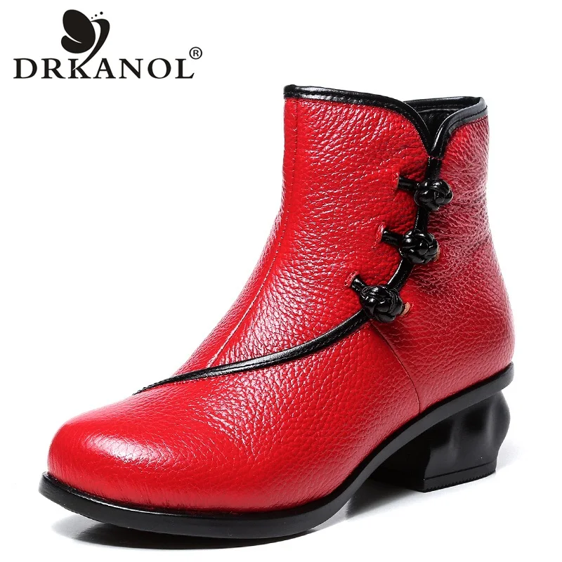 

DRKANOL New Design Genuine Leather Women Winter Boots 2018 Thick Plush Thick Heel Warm Ankle Snow Boots Round Toe Ladies Shoes