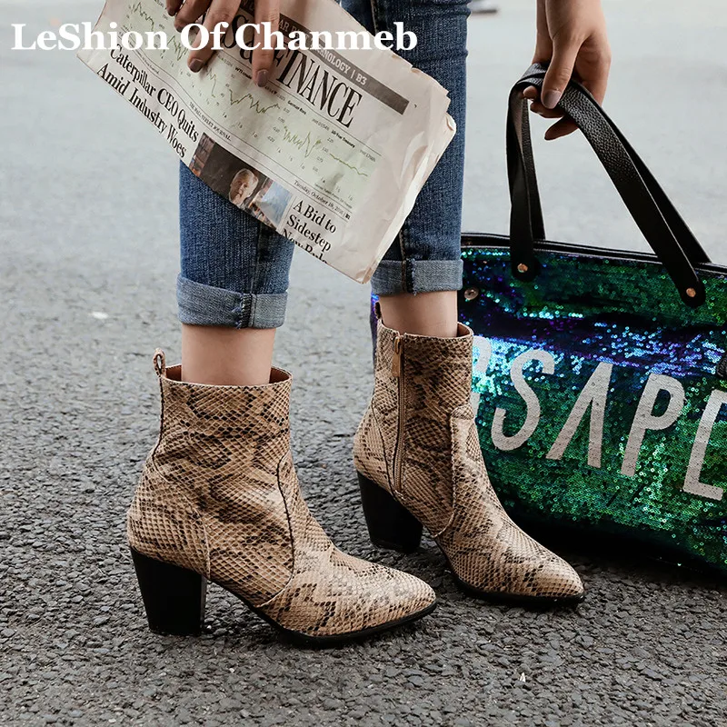 

brand designer snake print boots for women female PU leather block heels python pattern short boots ladies booties size 33 45 46