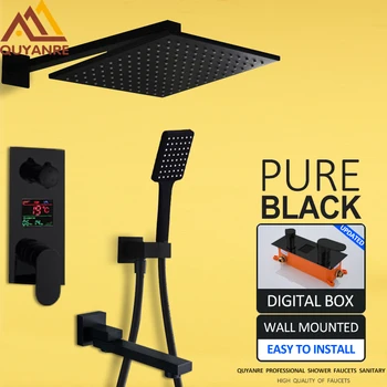 

Quyanre 3-way Black Digital Shower Faucets Set Rainfall Shower Head Digital Temp Display Mixer Tap Swivel Tub Spout Bath Shower