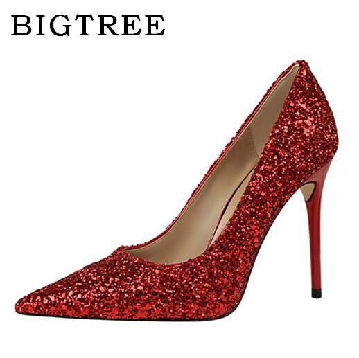 

BIGTREE Women's Shoes Pumps New Spring Heel 9 .5 cm Europe Shiny Glittering Sequins Elite Female Asakuchi High Heels Sigle Shoes