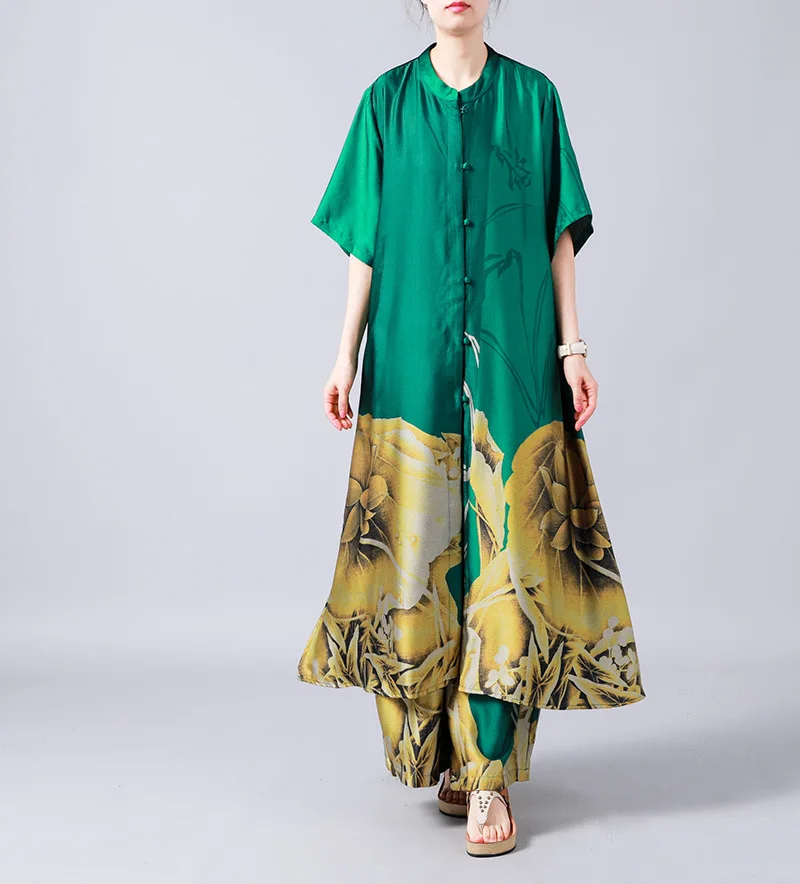 

Summer Women's New Dress Loose Trousers 2 Piece Set OL Style Elegant Silk Print Women Two Piece Outfits Oversize Party Clothes