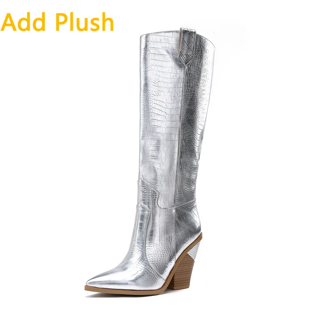 silver add fur Botas/модные серебристые сапоги до колена на высоком каблуке; женская обувь; ковбойские сапоги; женская обувь; женские сапоги; большие размеры 46 - Цвет: silver add fur