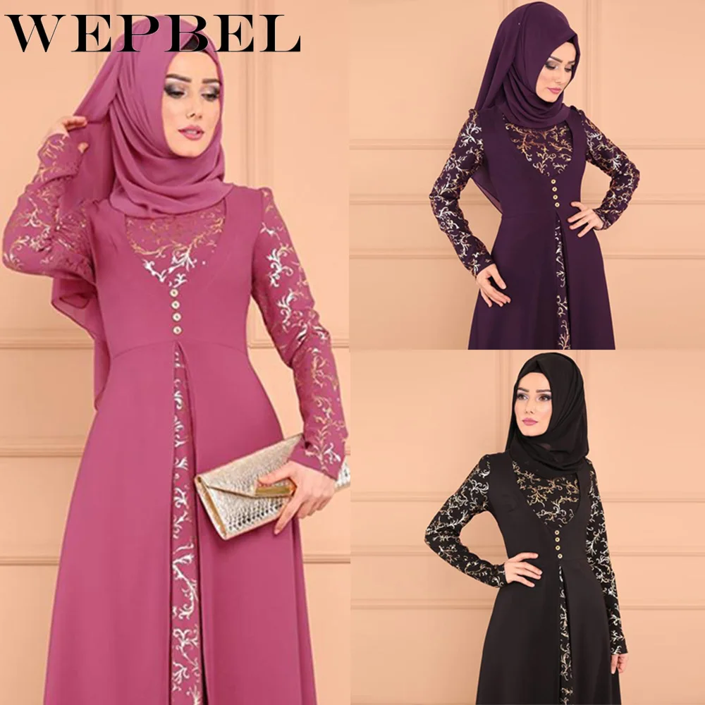 

WEPBEL Women Muslim Dress Abaya Floral Flower Full Sleeve Polyster Summer Casual Fashion Elegant New Lady Long Maxi Dresses