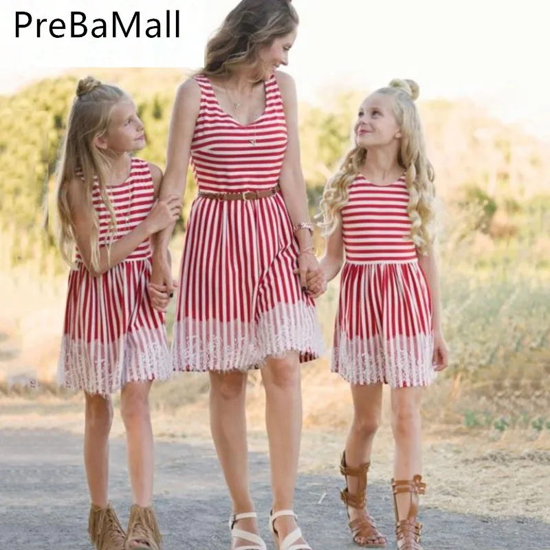 

2019 Elegant Striped Mother Daughter Dresses Outfits Women Baby Girls Kids Short Dress Sleeveless Matching Family Clothes C59