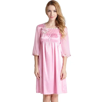 

Elegant Square Collar Embroidery Silk Nightgown Chiffon Half Sleeved Nightdress Satin Sleepwear Women Nightwear