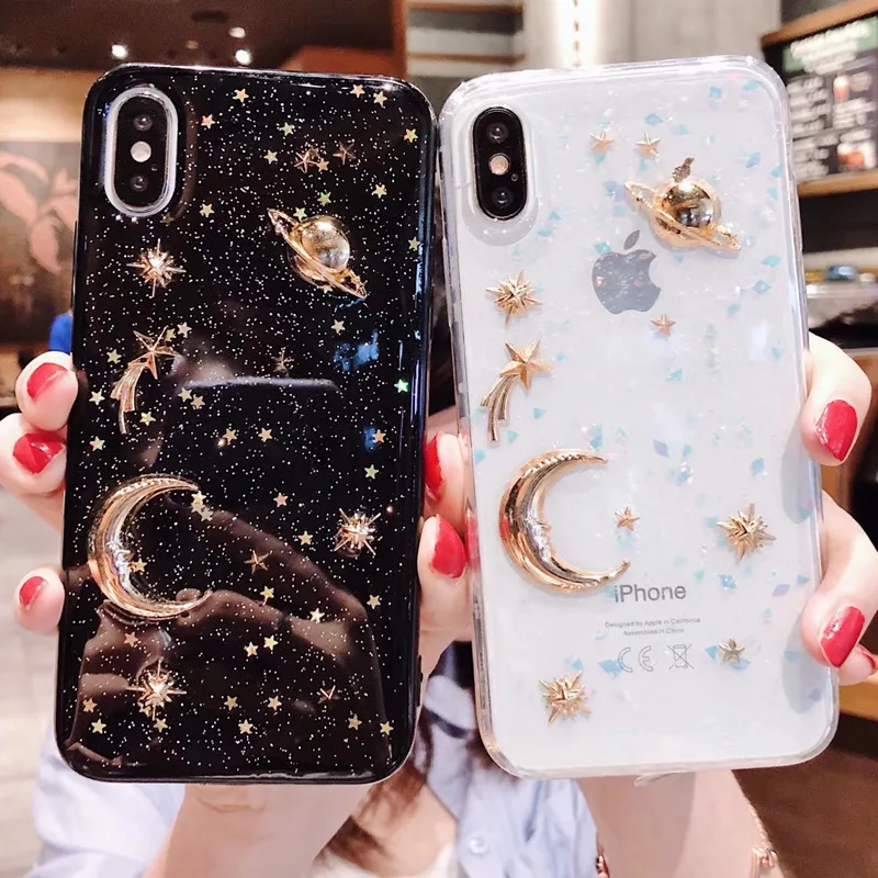 Luxury Moon Star Glitter Transparent Phone Case for iPhone 11 12 ProMax 6 7 8 Plus X XR XSMAX Soft TPU Back Cover Coque | Мобильные