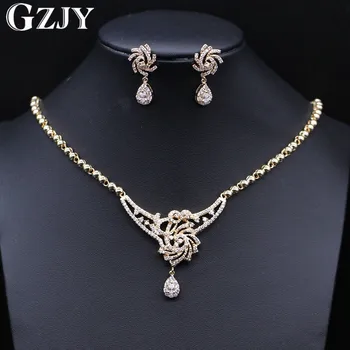 

GZJY Gorgeous Jewelry Champagne Gold Color Austrian Crystal AAA Zircon Necklace Earrings Jewelry Set For Women Wedding Set