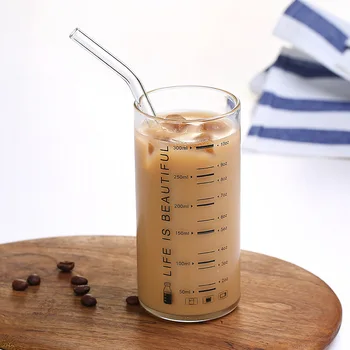 

300ml graduated milk glass thickened heat-resistant breakfast cup Creative with straw household measuring cup Single-layer