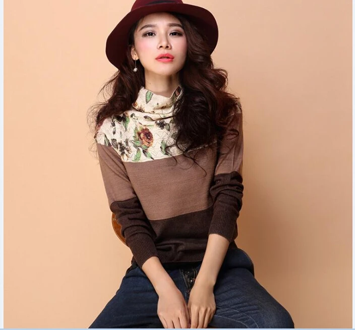 

New style autumn winter women's floral pullover sweater slim turtleneck flowers printing sweater