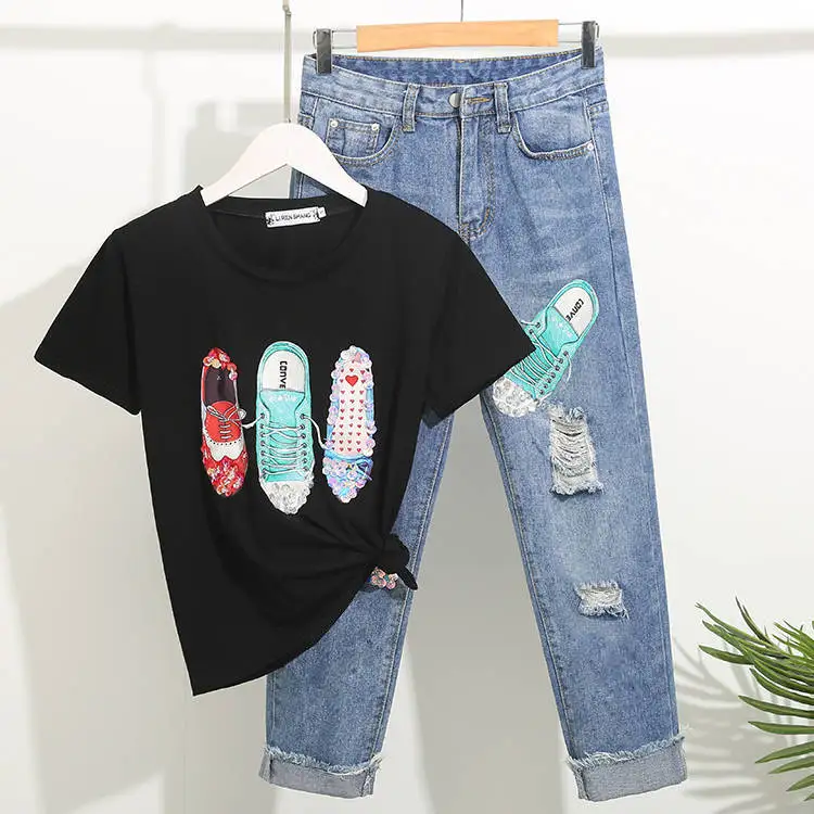 Women Casual T Shirts+Denim Pants Suits Sequined Shoes Pattern Woman Loose Tshirt Jumpers Calf-Length Trousers Sets |