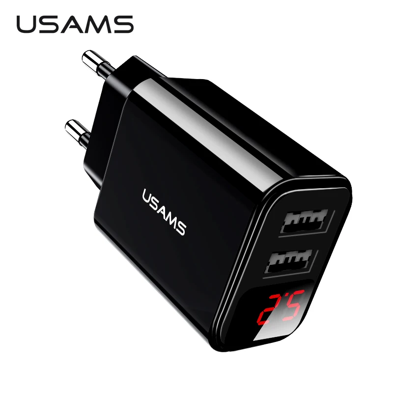 USAMS зарядное устройство с двумя usb-портами, светодиодный дисплей, портативное быстрое зарядное устройство 2,1 А, штепсельная вилка европейского стандарта для мобильного телефона, дорожное настенное зарядное устройство для iPhone, Xiaomi, samsung