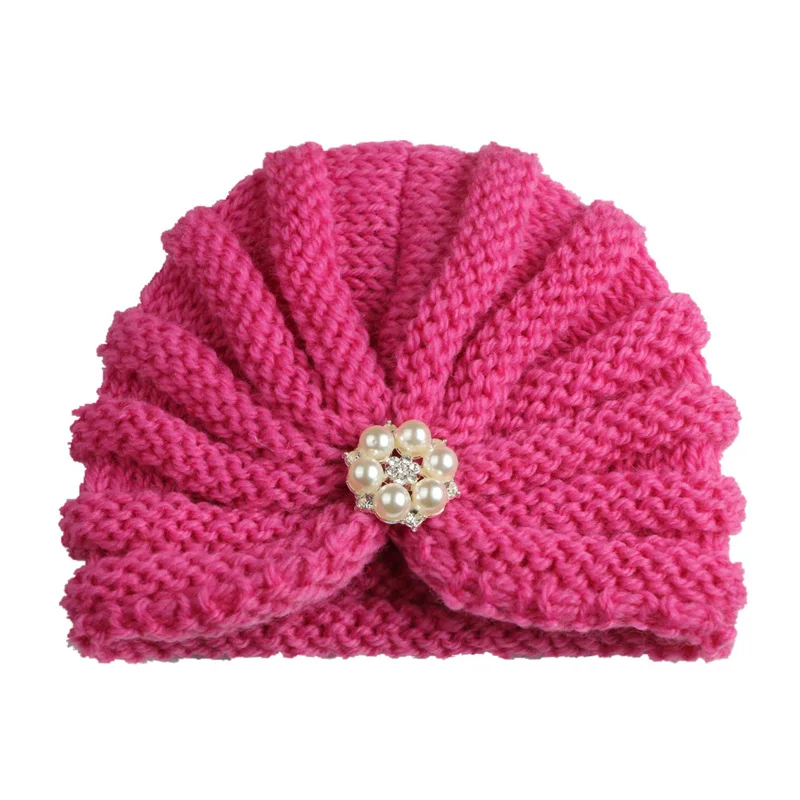 Модная зимняя куртка для маленьких девочек Шапки с жемчугом Карамельный цвет, Вязанная, Beanie Hat baby шапка Fotografia аксессуары 1 предмет - Цвет: Fushia