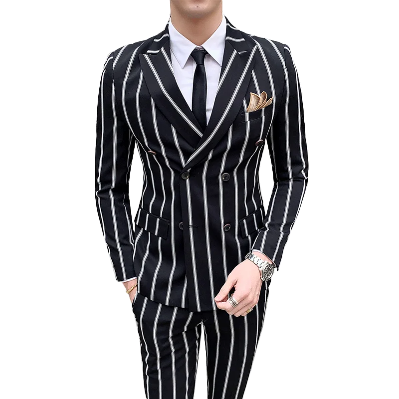 

Suits British style men's fashion striped suit two-piece suit (blazer + trousers) men's two-breasted business casual suits