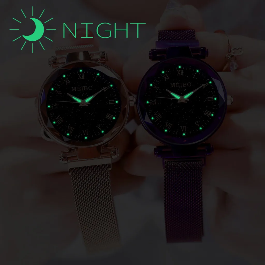 Модные звездное небо плоские стеклянные часы женские Reloj Mujer кварцевые сетки с магнитной пряжкой женские часы Роскошные наручные часы