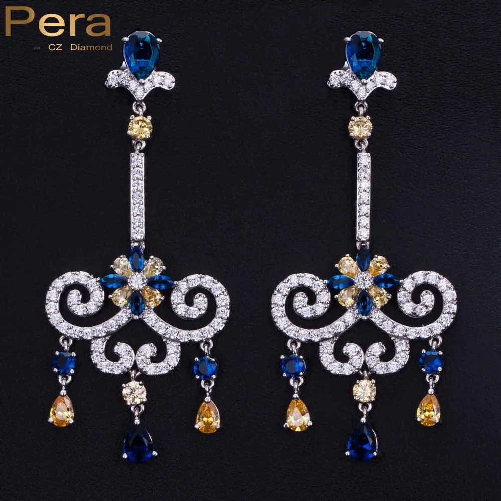 

2017 Pera CZ Brand Vintage Women 7.5 CM Large Multi Color CZ Stone Long Dangling Drop Bohemian Earrings Jewelry For Female E138