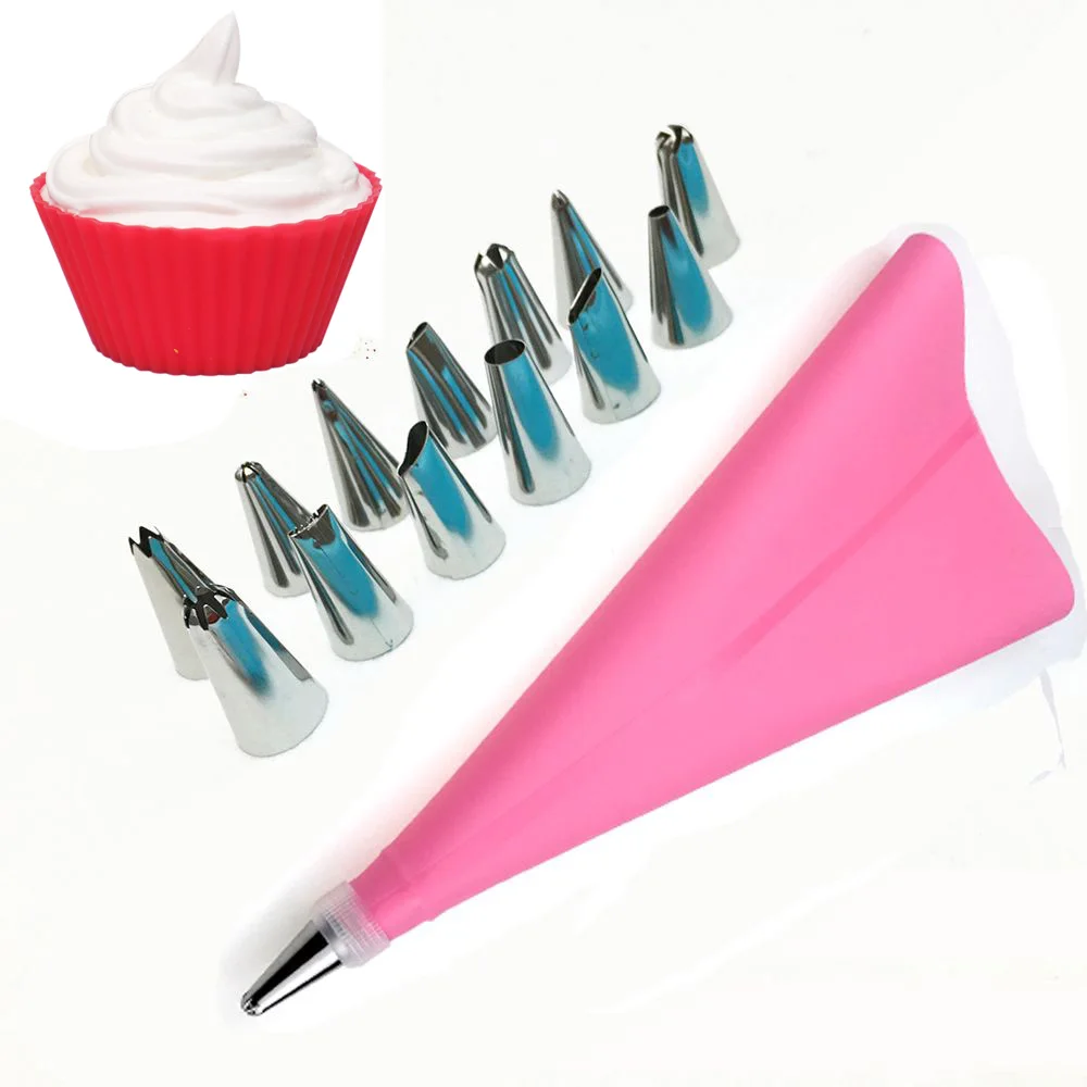 

1 Pink Silicone Icing Piping Cream Pastry Bag+14 Nozzle Cake Decorating Baking Tool with 1 Converter