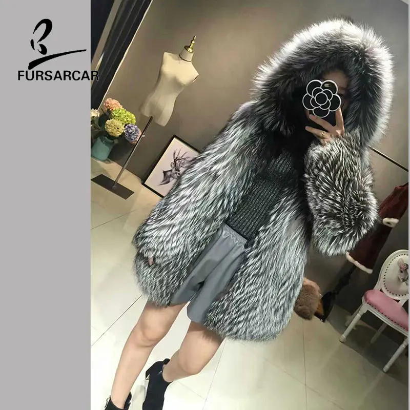 FURSARCAR With Hood Real Fur Coat Women Winter Warm Fur Outwear 70cm Long Full Sleeve Genuine Leather Silver Fox Fur Jacket FURSARCAR With Hood Real Fur Coat Women Winter Warm Fur Outwear 70cm Long Full Sleeve Genuine Leather Silver Fox Fur Jacket